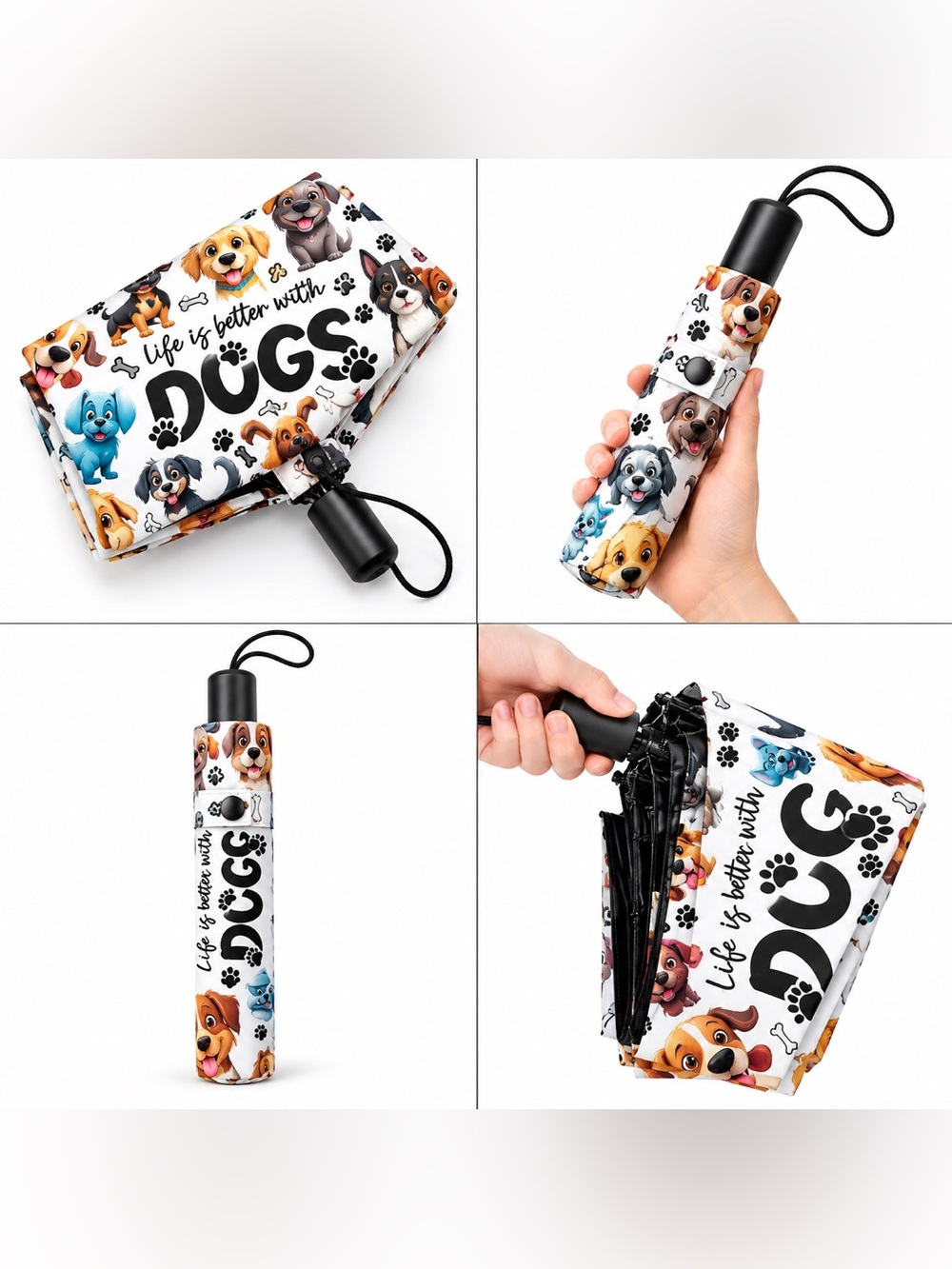 Life Is Better With Dogs Foldable Umbrella - White with Colorful Dog Prints - Picture 3 of 4